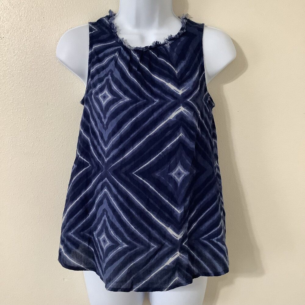 Old Navy Abstract Artsy Bohemian Hippie Blue Raw Hem‎ Summer Festival Blouse XS